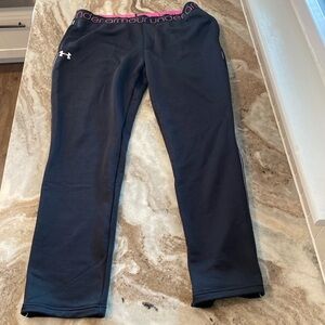 Girls under armour pants YXL black with white strip on side and pink waste band